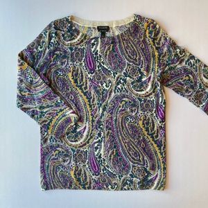 Talbots Merino Wool Sweater Boatneck Size Misses S Plum Gold Paisley 3/4 SL
